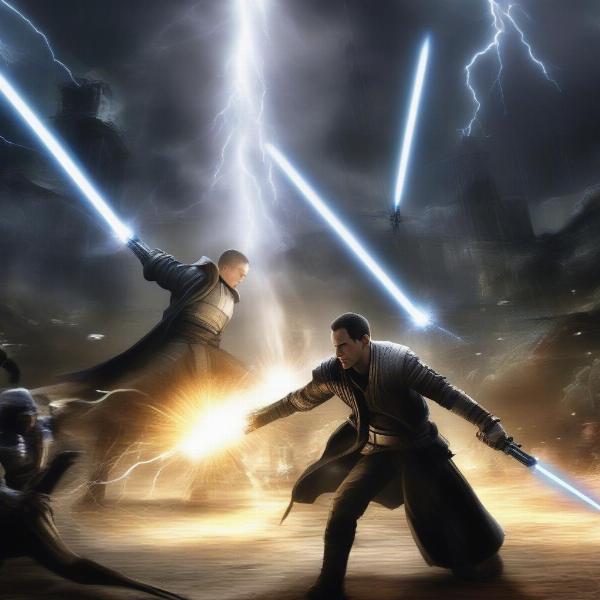 Starkiller unleashing force lightning on enemies in a chaotic battle.