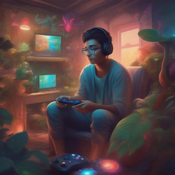 Relaxed gamer immersed in vibrant game world