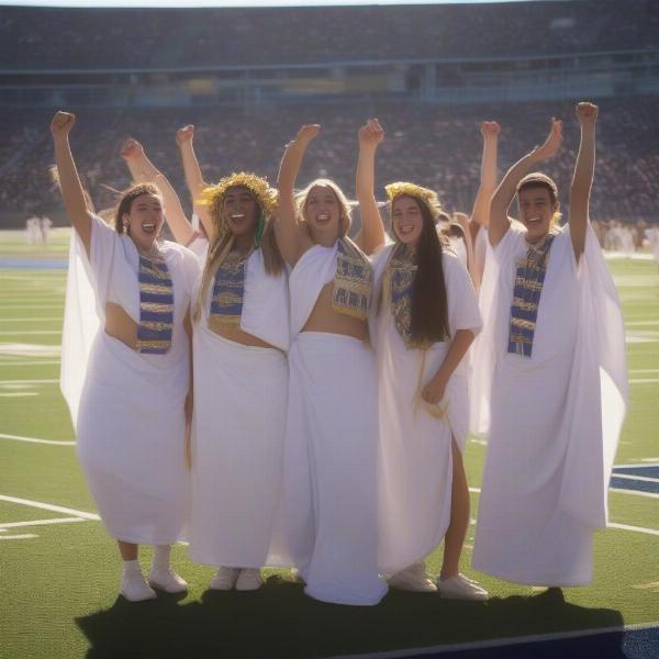 A group of students wearing togas at a football game