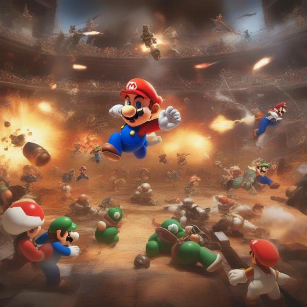 Super Mario war game, characters fighting, bomb explosions, intense battle