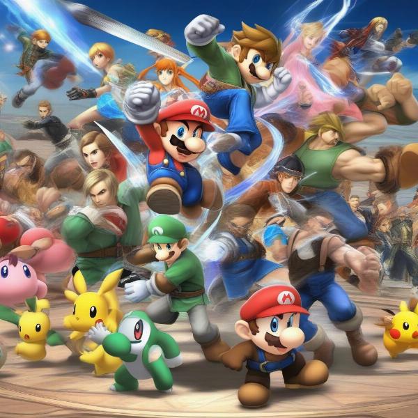 Super Smash Bros. characters fighting, fast-paced action on stage