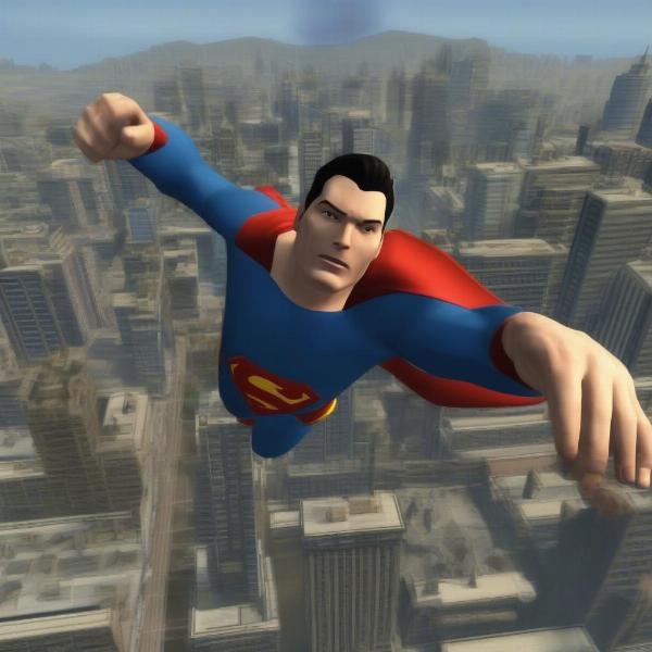 Superman soaring above Metropolis in the Xbox 360 game