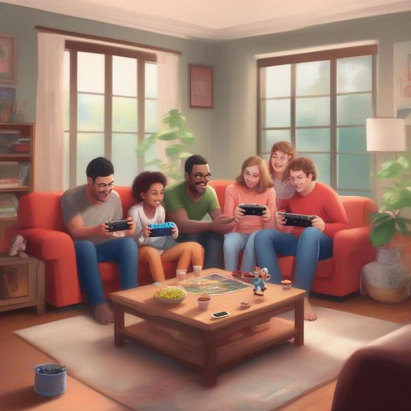 family enjoying playing games together on nintendo switch