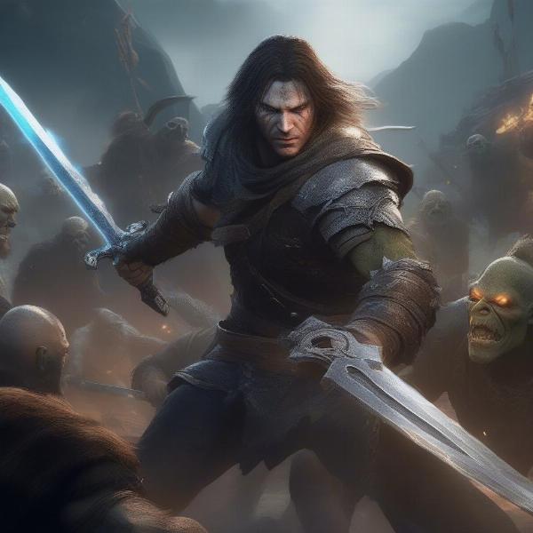 Talion engaging in combat using spectral powers against orcs