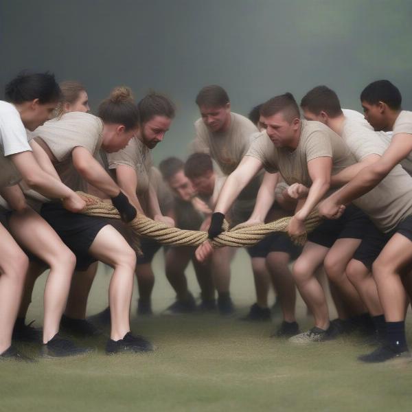 a group of people working together for tug of war