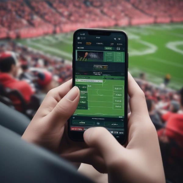 a football fan using a mobile app during a game for stats and information