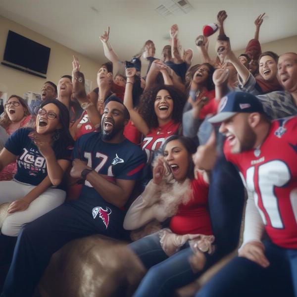 a group of fans watching a houston texans football game on tv with excitement