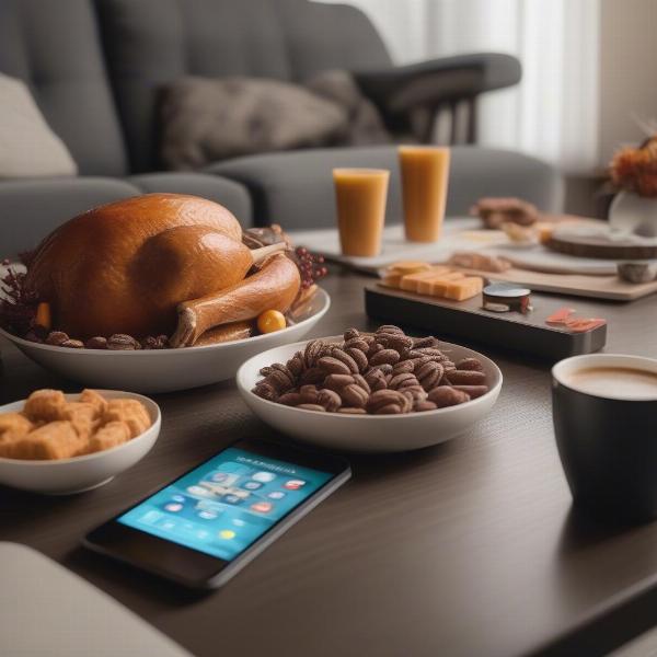 thanksgiving game setup with TV remote and snacks