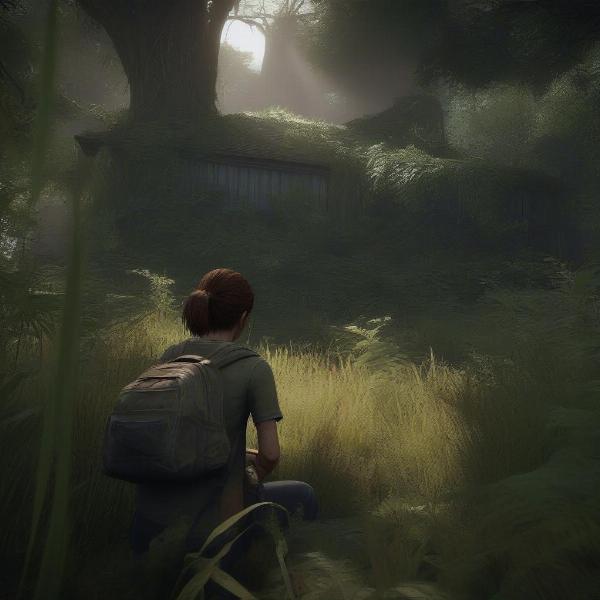 The Last of Us Part II gameplay showing Ellie hiding in tall grass during a stealth sequence in an overgrown environment