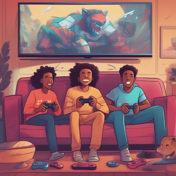 three friends enjoying cooperative video game