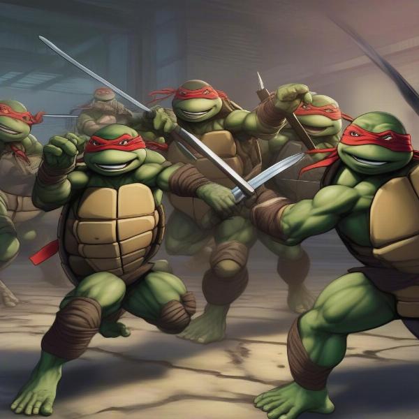 TMNT Xbox game screenshot of a combat scene with multiple turtles fighting enemies