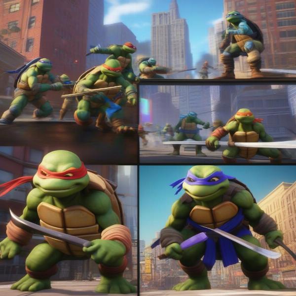 TMNT Xbox game showing 4 players in a cooperative multiplayer mode