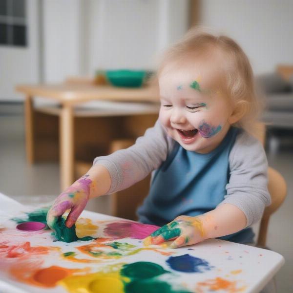 Toddler doing finger painting with vibrant colors