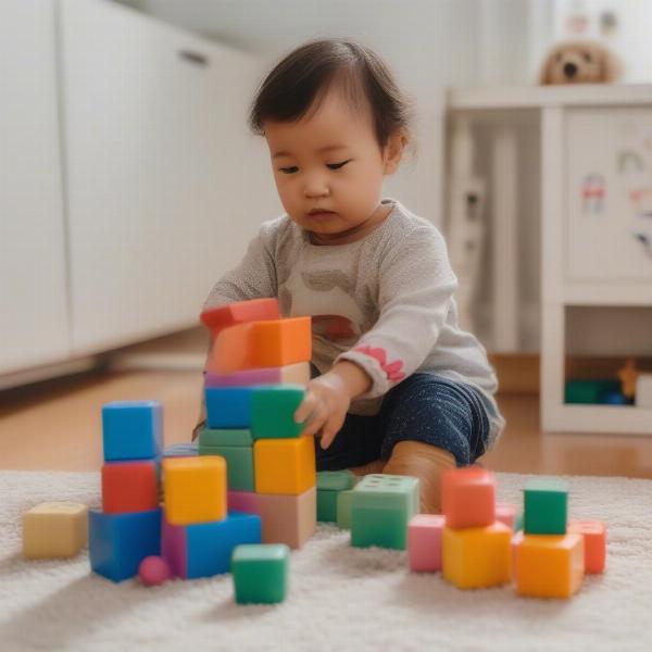 Toddler stacking colorful blocks