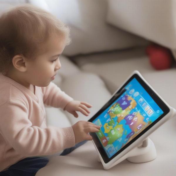 Toddler playing a digital learning game on a tablet