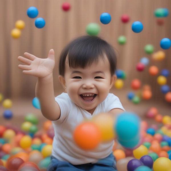 Toddler throwing soft colorful balls