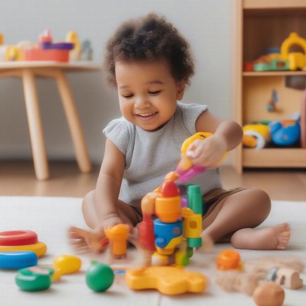 Toddler playing with a variety of safe toys