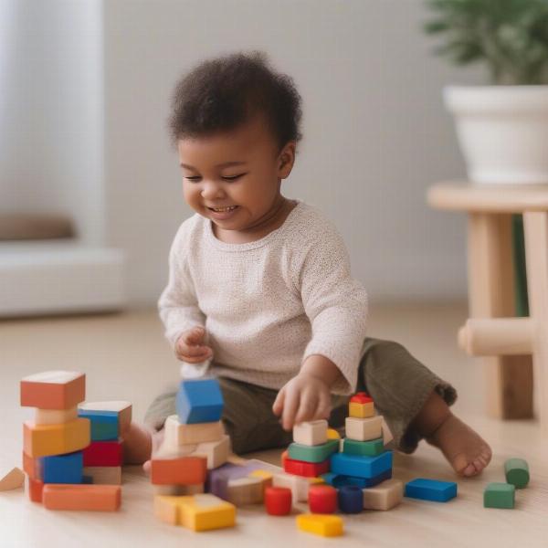 Toddler plays happily with wooden blocks