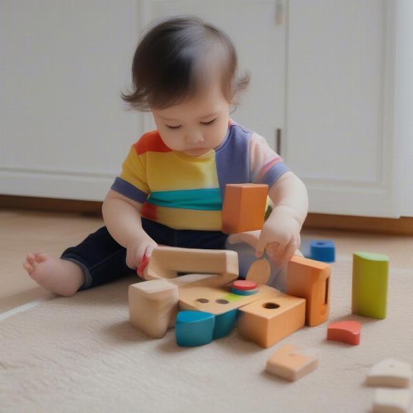 Toddler playing with wooden shape sorter toy