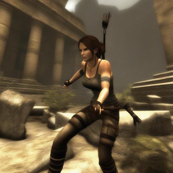 Lara Croft explores the ancient ruins in Tomb Raider Legend on Xbox 360, a classic adventure title.