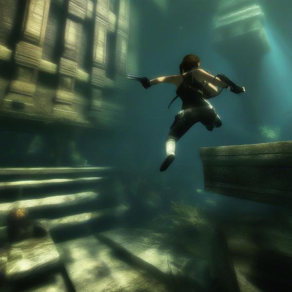 Lara Croft dives into underwater ruins in Tomb Raider Underworld on Xbox 360, showcasing impressive graphical detail.