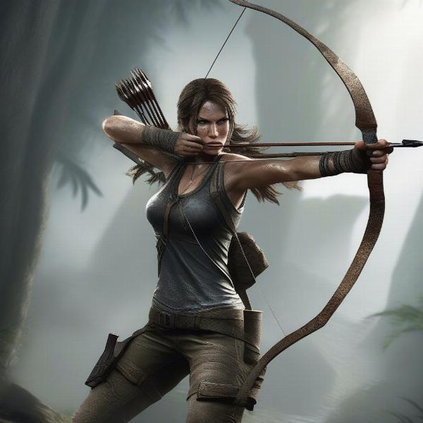 Lara Croft from Tomb Raider navigating a perilous environment with her bow and arrow