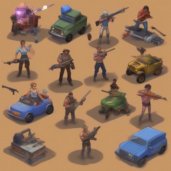 Various comical unit types in a trailer park wars game, melee, ranged, support, and siege units