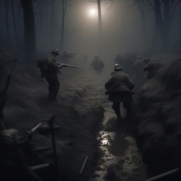 Trench warfare horror game with soldiers in muddy trenches