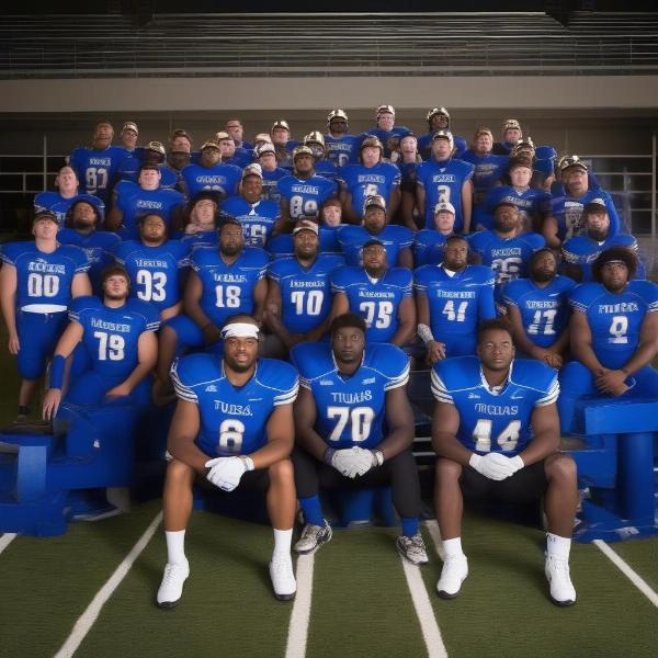 A Tulsa University football team group photo, showcasing players and coaches