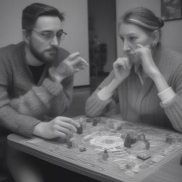 Two people are engaged in a competitive board game, showing reciprocity and strategic thinking