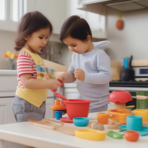 A two year old playing with toy kitchen playset