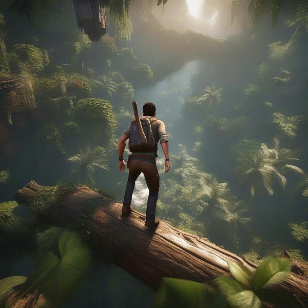 Uncharted 4 A Thiefs End action packed gameplay showcasing Nathan Drake jumping over obstacles in a lush forest scene