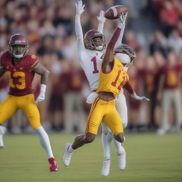 usc defensive back intercepting the ball in a crucial moment