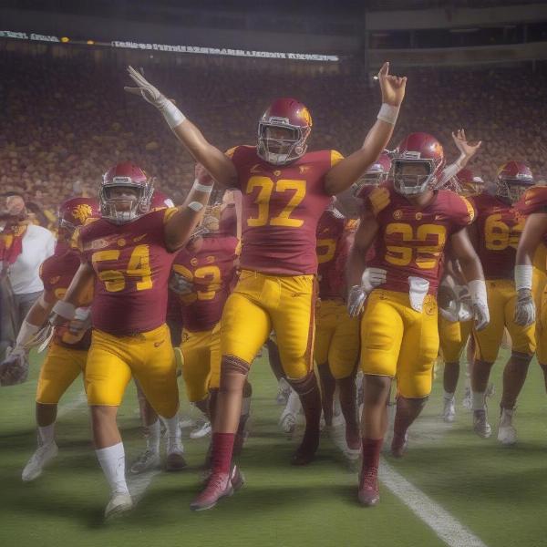 usc trojans football team celebrating victory