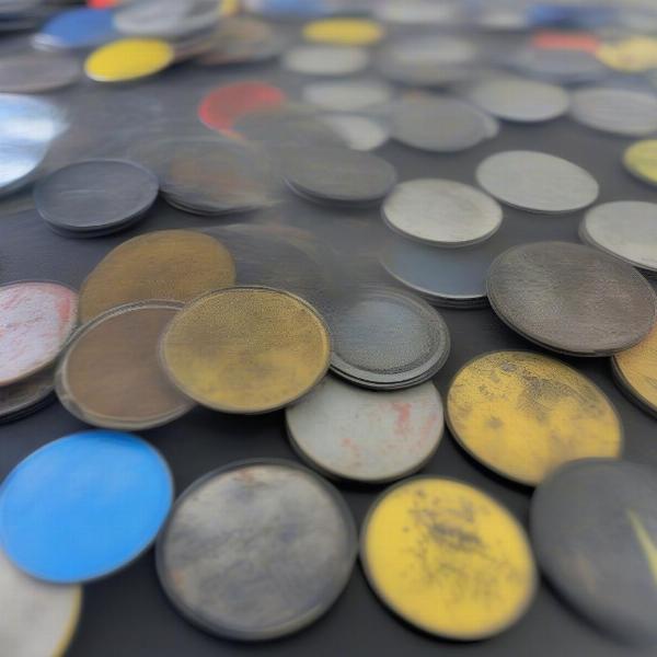Close-up of used game discs for inspection