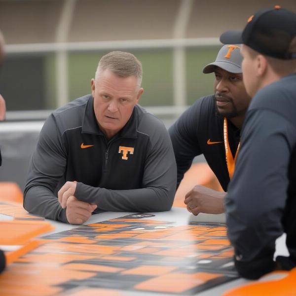 Coach strategizing with team for a UT football bowl game