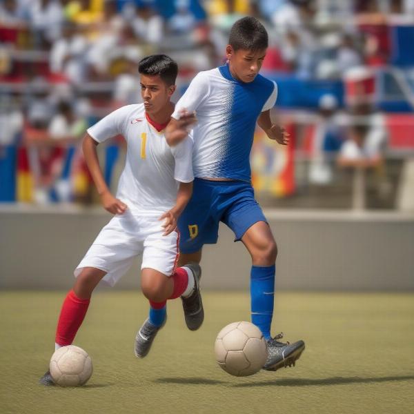 Action shot of a Venezuelan forward player during a U-17 football game showing pace and skill on the ball