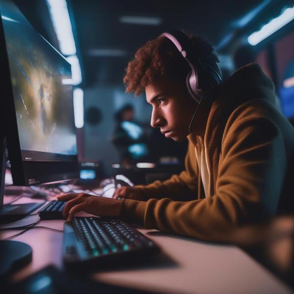A focused video game player demonstrating the concentration required for successful PvP gameplay