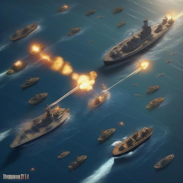 A fleet of warships engaged in a battle at sea