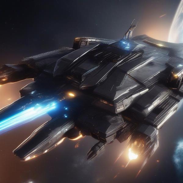A futuristic warship in a space battle