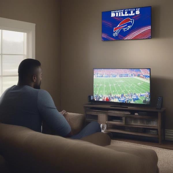Man watching Buffalo Bills game on tv with remote