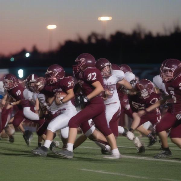 Wheeling Central football game action with players tackling and running