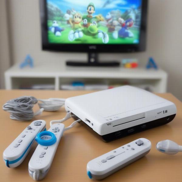 Wii U console with Wii remotes and nunchucks