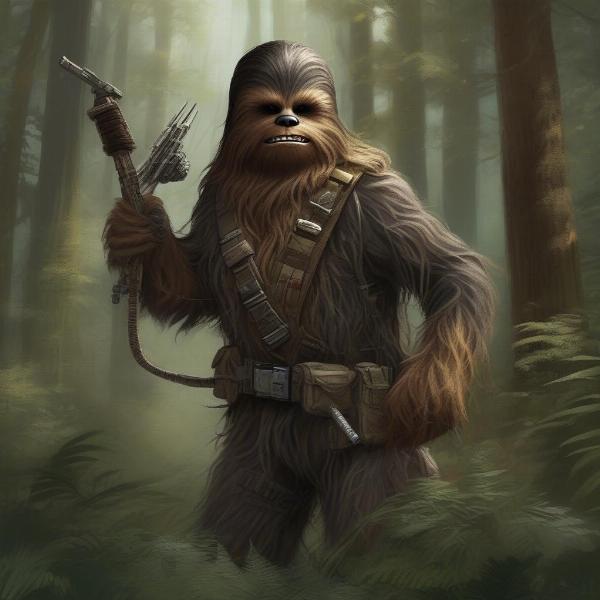 Wookiee warrior wielding bowcaster on Kashyyyk