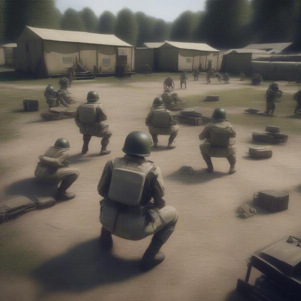 ww2 soldier bot doing squats training during downtime