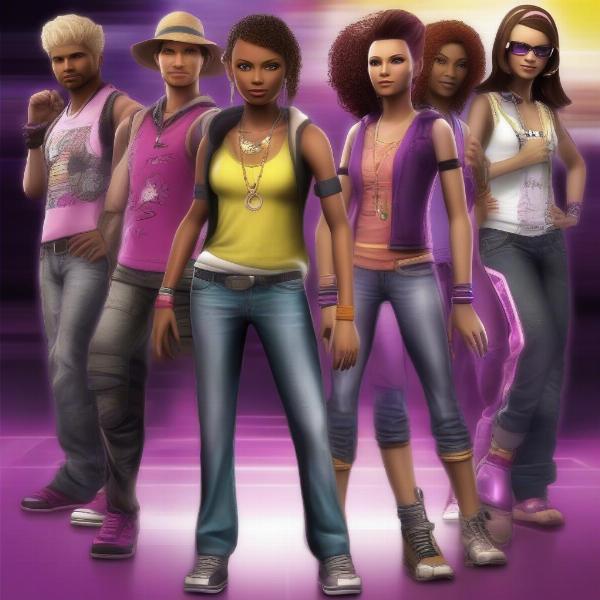 Dance Central 3 character selection screen showing diverse characters to choose from and a range of outfits and styles
