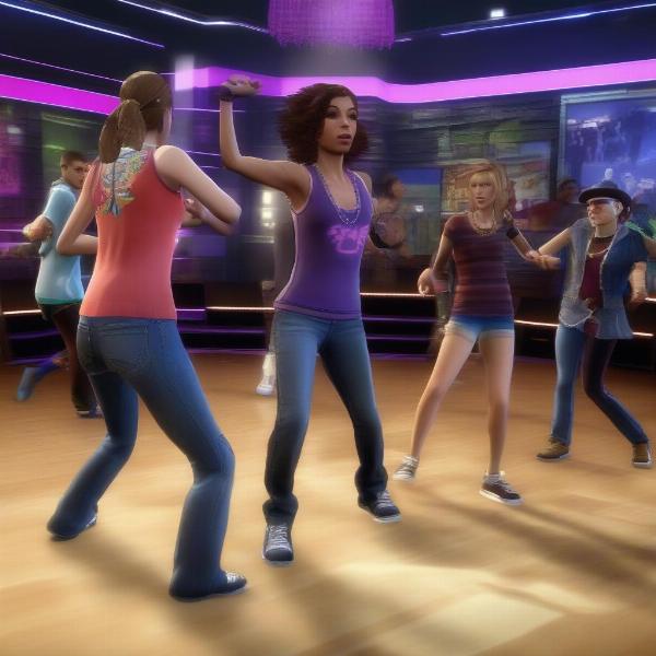A Dance Central 3 Crew Challenge game showing multiple players dancing in a team, highlighting its social and competitive elements