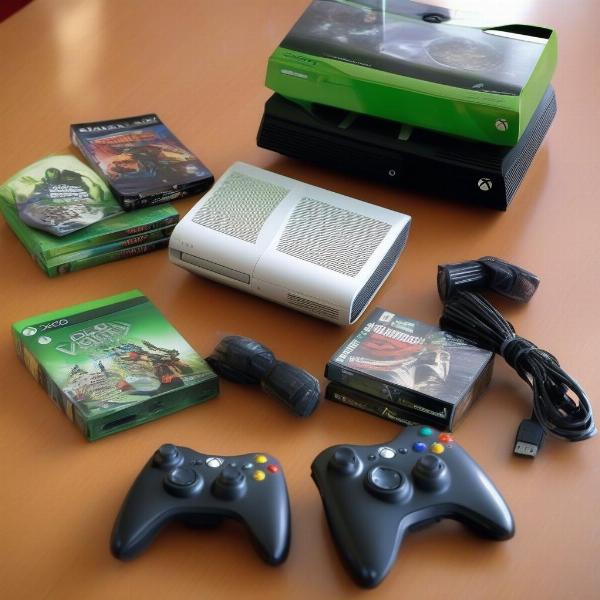 Xbox 360 Slim console with various games and controllers