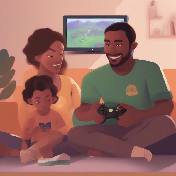 Parents play with kids save the earth game on Xbox