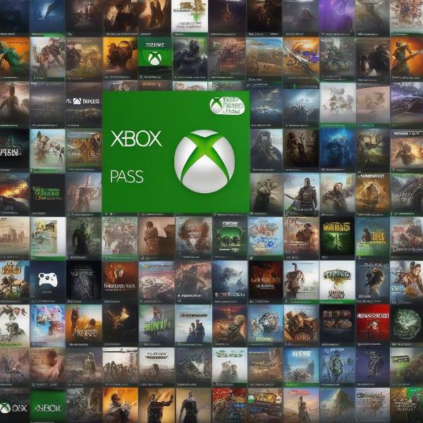 Xbox Game Pass logo with a collection of game thumbnails, illustrating the scope of the service